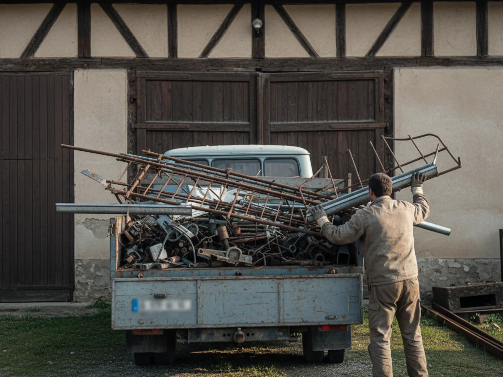 Chargement de ferraille sur un camion plateau devant un garage
