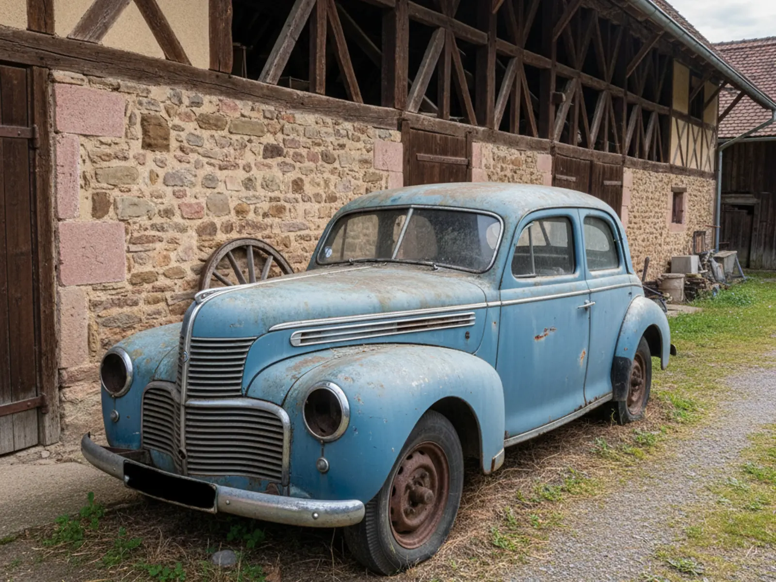 Voiture ancienne hors d’usage stationnée dans la cour d’une ferme, sans plaque lisible
