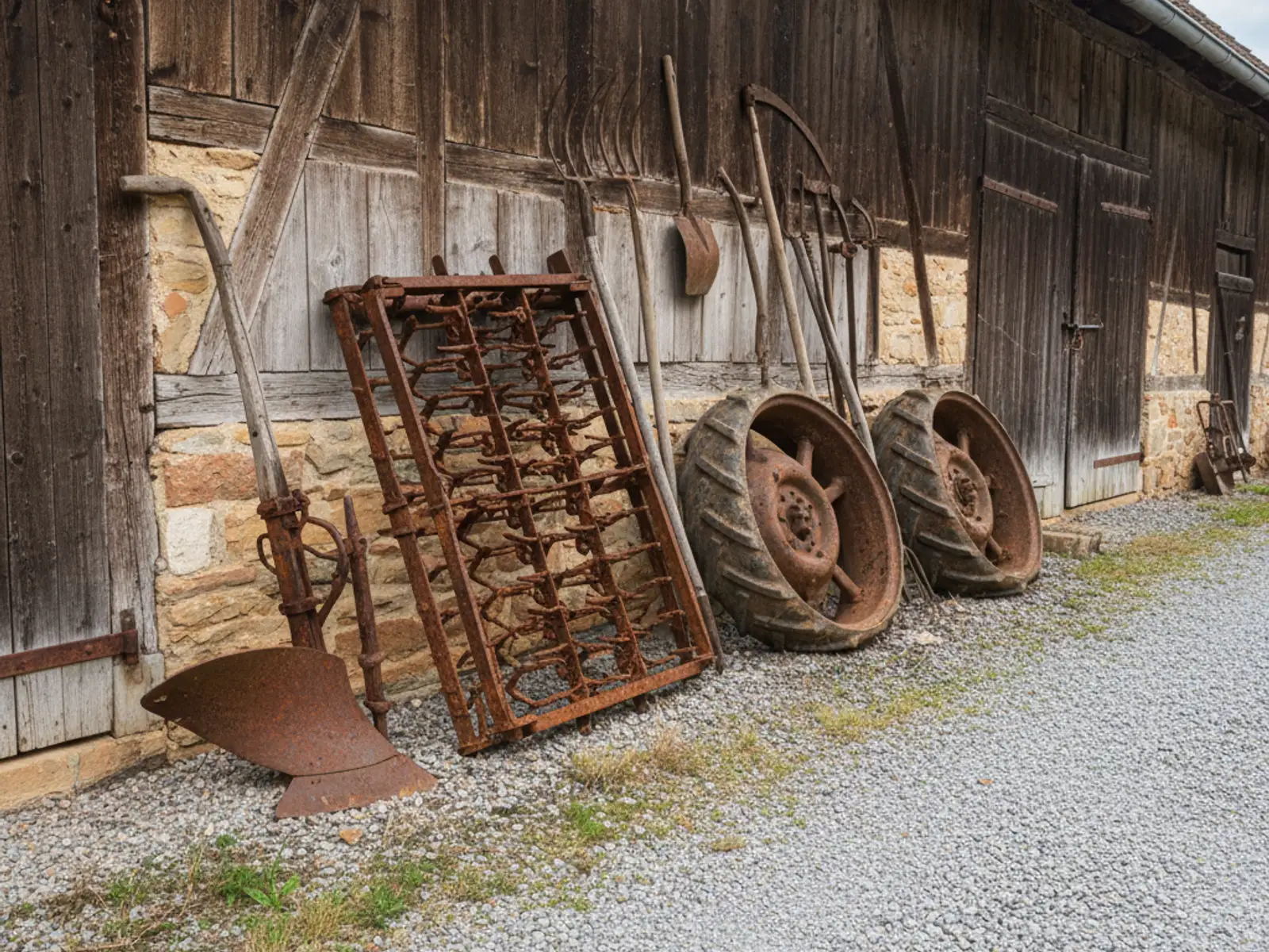 Ancien matériel agricole rouillé dans la cour d’une ferme alsacienne