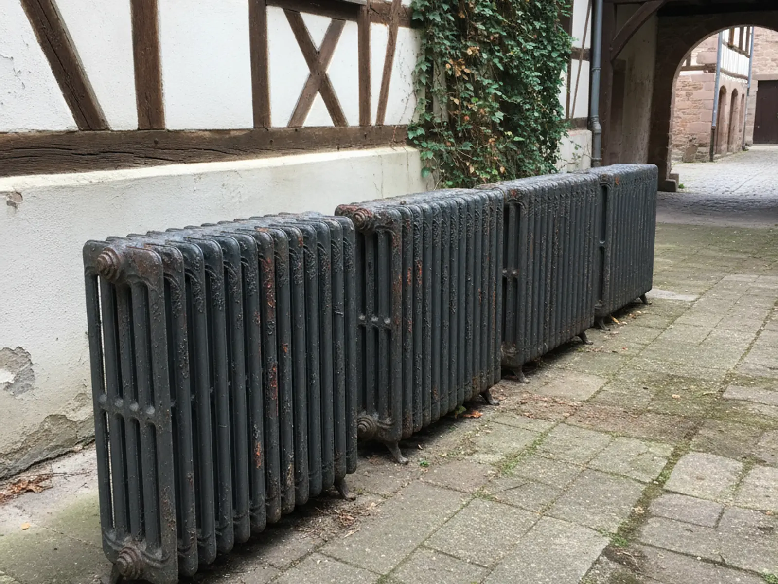 Radiateurs en fonte déposés alignés au sol avant enlèvement