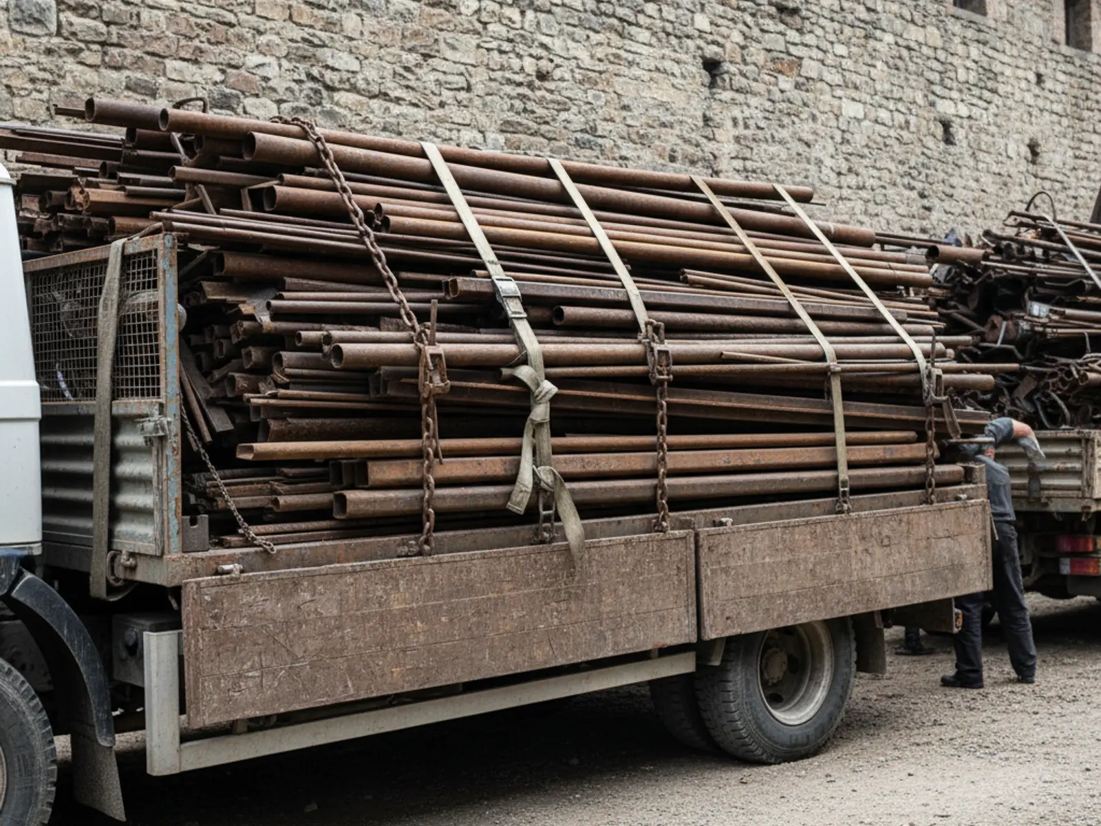 Ferraille mêlée chargée sur le plateau d’un camion dans une cour