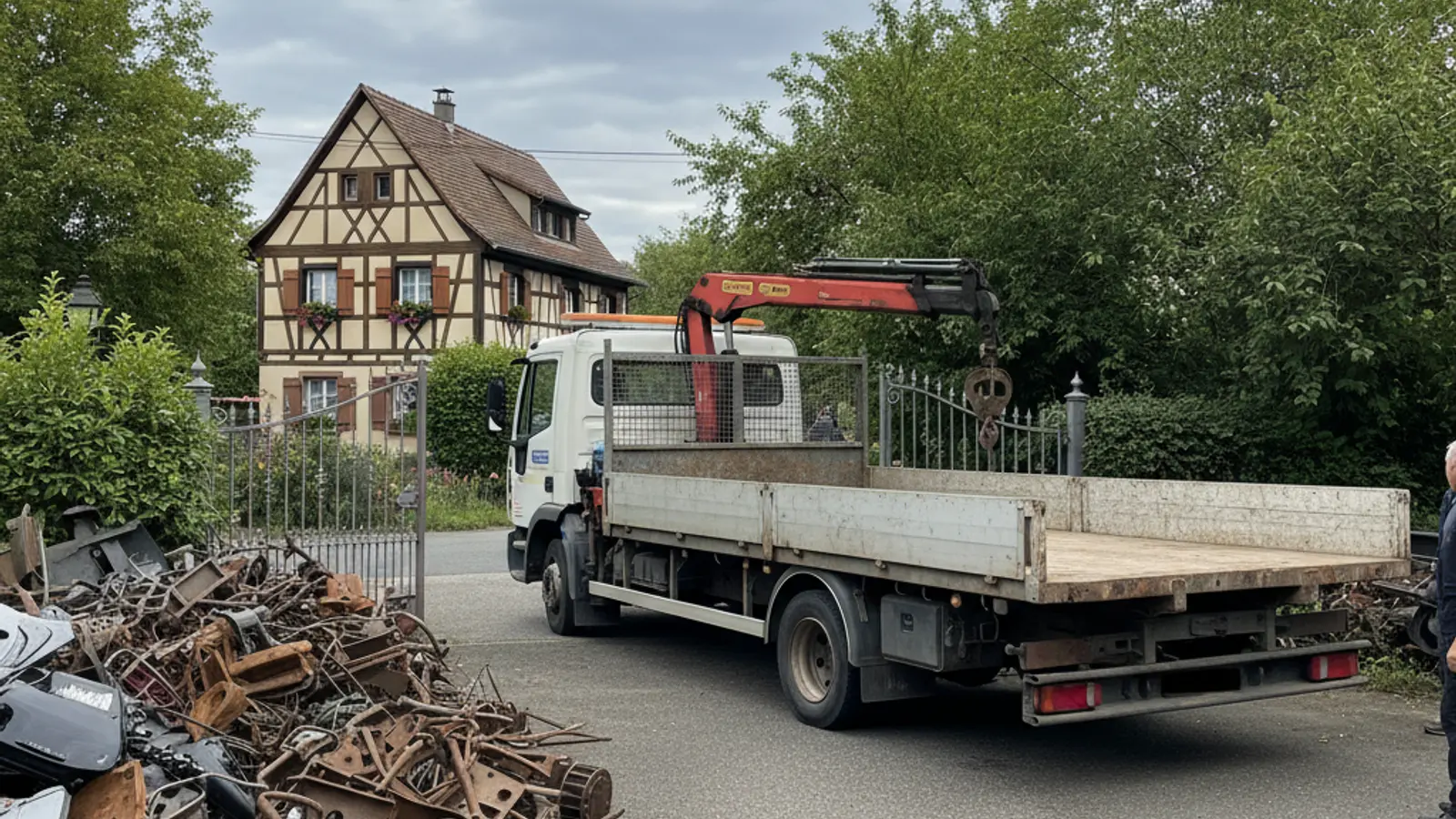 Camion plateau avec grue de chargement stationné devant un portail