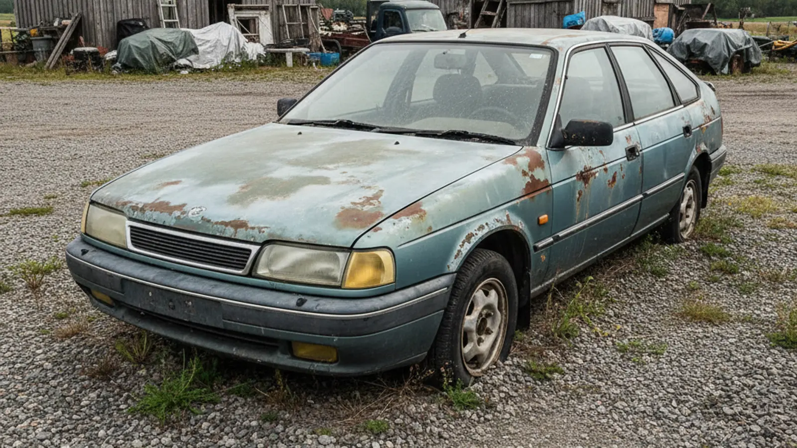 Voiture ancienne hors d’usage stationnée dans une cour, sans plaque lisible