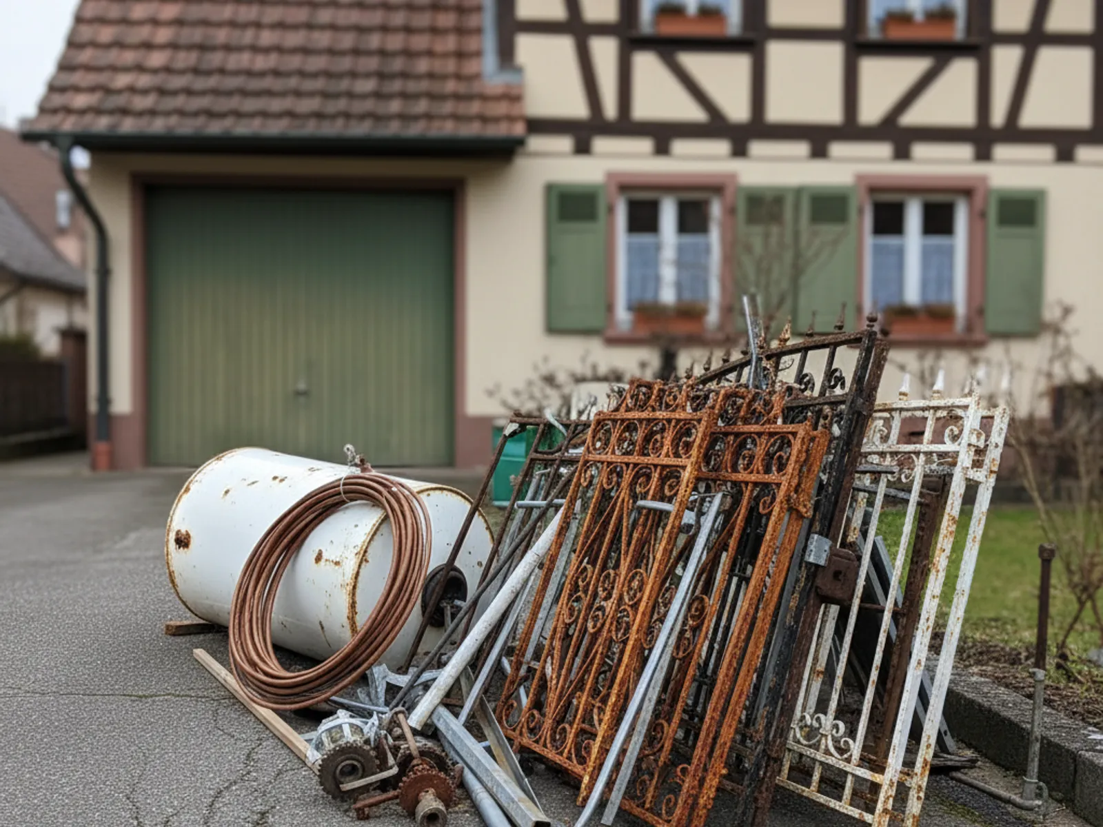 Ferraille rassemblée devant le garage d’une maison, illustration pour un enlèvement à Benfeld