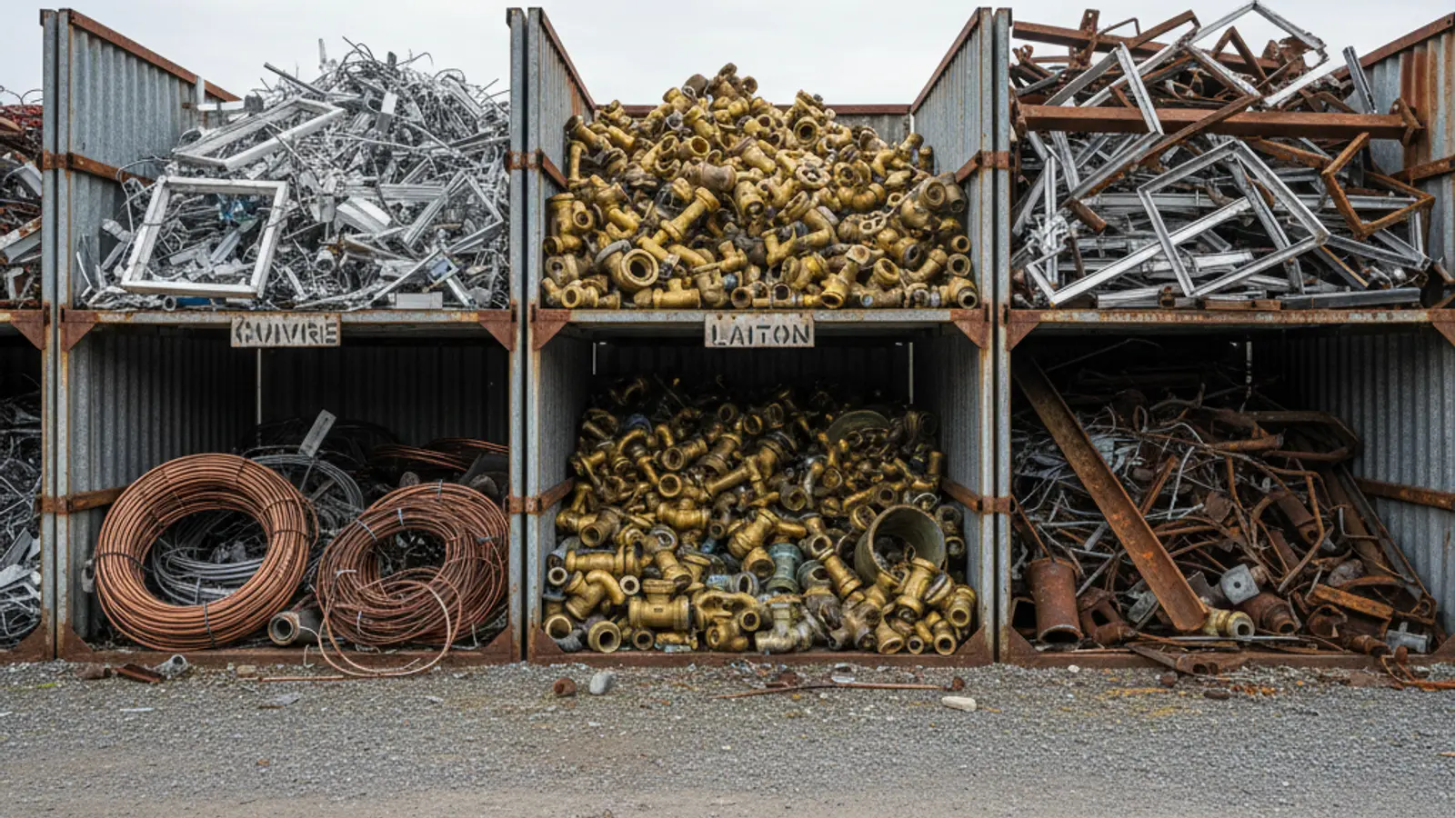 Métaux triés par nature dans des bacs séparés : cuivre, aluminium et acier